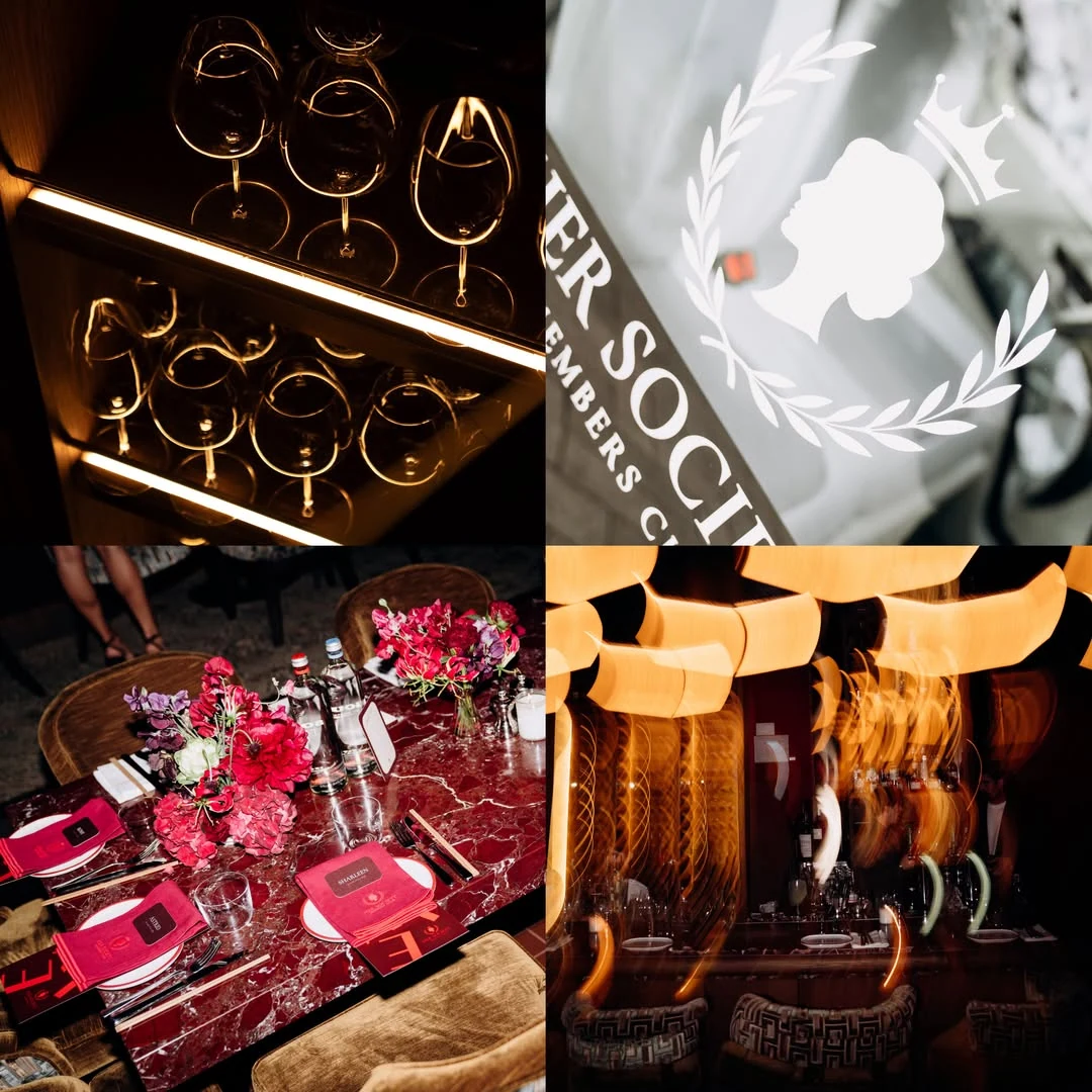 A collage of event details, drinks, flowers and warm lights