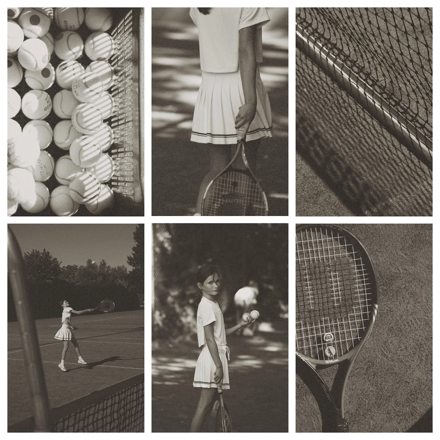 Black-and-white collection of childhood portraits and tennis details