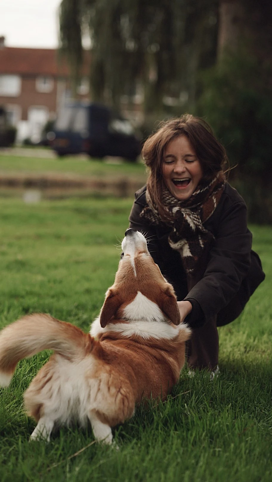 Child laughing while playing with a dog in the grass
