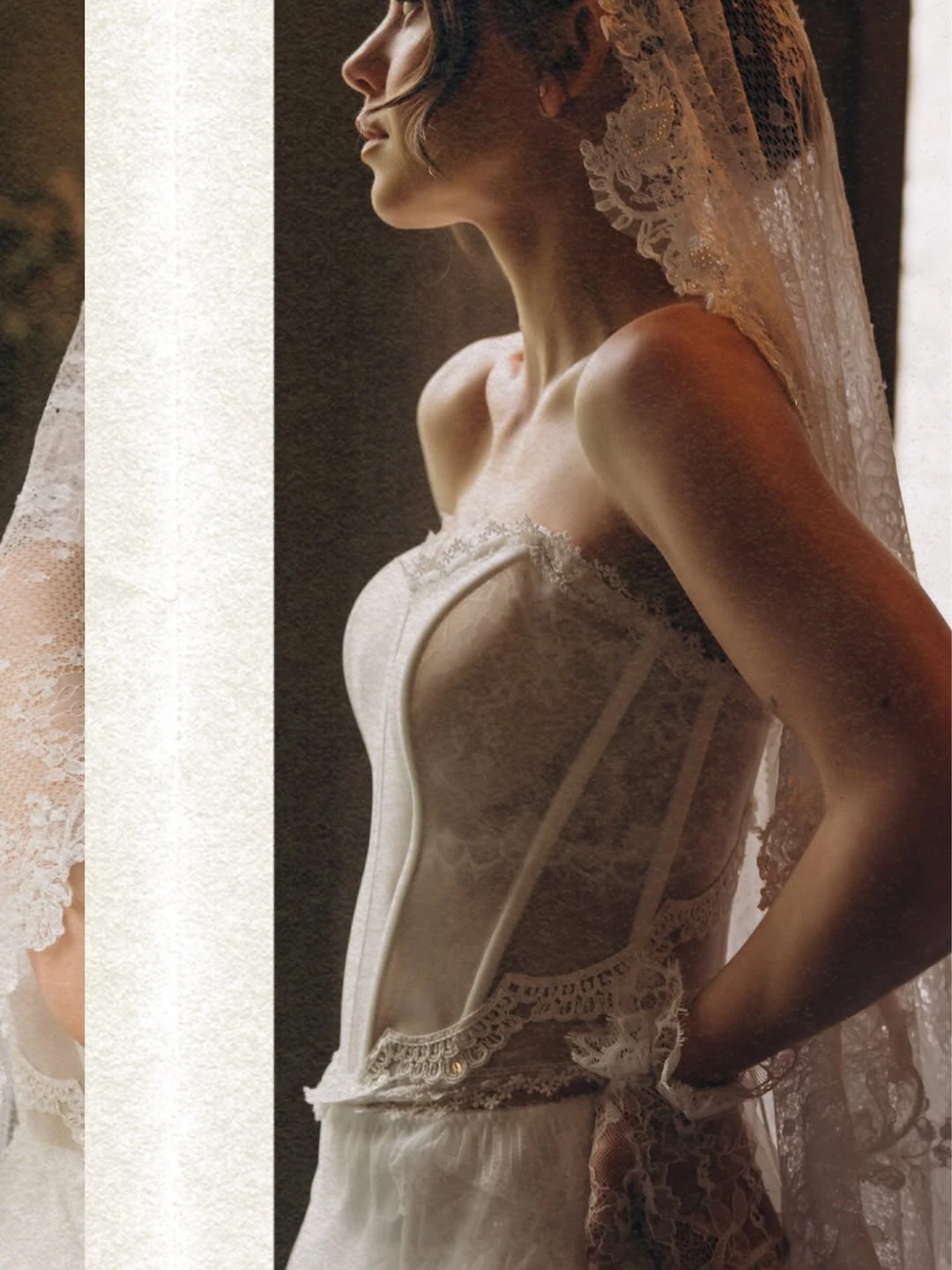 Side-lit detail of a lace wedding dress and veil