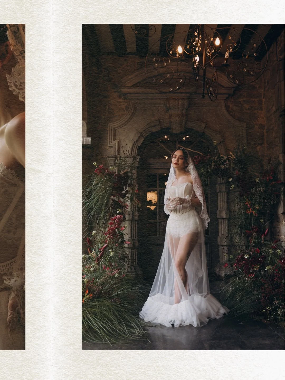 Bride standing in a tall doorway with floral arrangements